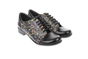 Pantofi dama, casual, din piele naturala , negri cu imprimeu floral - P53NFLOR